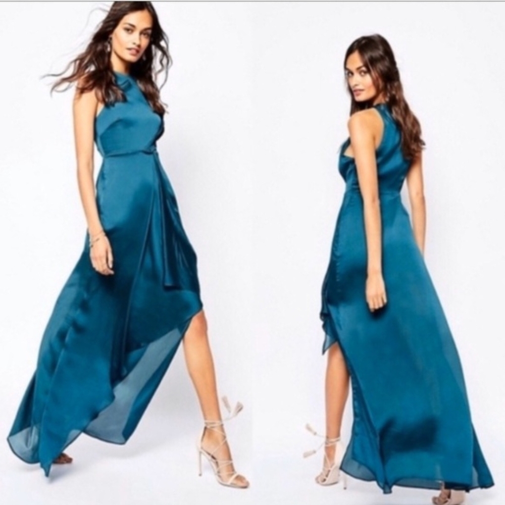 Jetset Diaries Teal Chiffon Chameleon Twist High Low Halter Maxi Dress NWT Small